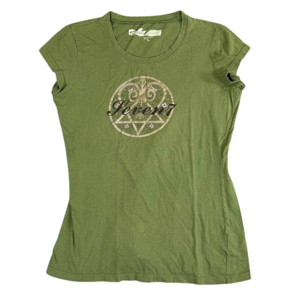 Seven7 Premium Denim Olive Green Graphic Tee Rhinestone Floral Cotton Large